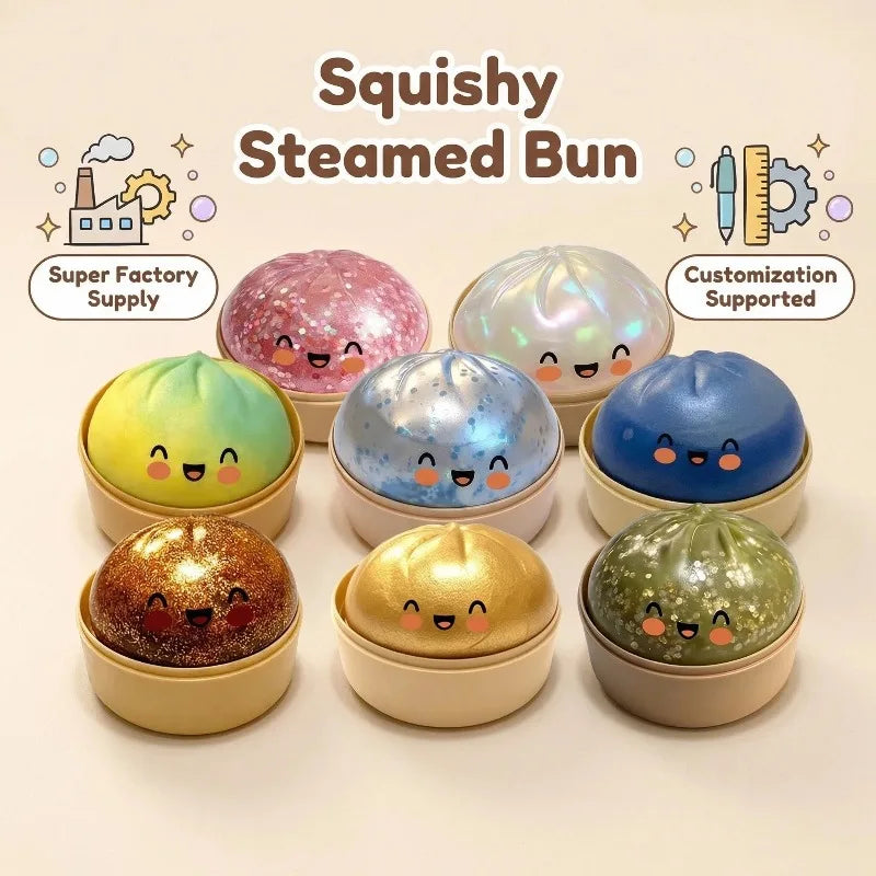 Cute Bao Bun Dumpling Squishy Slime Stress Relief Toys Non-Stick Clear Glitter Slime Stress Ball Fidget Toy for Kids Party Favor